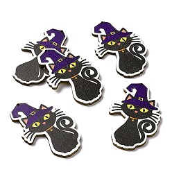 Black Single Face Printed Aspen Wood Big Pendants, Cat with Witch Hat Charm, Halloween Theme, Black, 55x34.5x2.5mm, Hole: 1.6mm