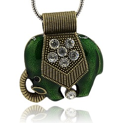 Grün Weinleselegierung Emaille-Anhänger, mit Strass, Elefant, Antik Bronze, Nickel frei, grün, 53.5x46.5x8 mm, Bohrung: 9 mm