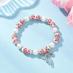 (123L) Белый крем непрозрачный блеск Браслеты с подвесками в виде банта из латуни, эластичные браслеты из фарфора и стеклянных бусин с напечатанным рисунком для женщин, платина, огнеупорный кирпич, внутренний диаметр: 2-3/8 дюйм (6 см)