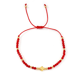 Red Adjustable Brass & Glass Braided Bead Bracelets for Women, Golden, Red, 11.02 inch(28cm)