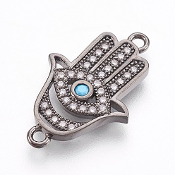 Черный Цвет Металла Латунные микро проложить кубических ссылки циркония, долговечный, hamsa рука / рука fatima / рука miriam, без свинца, без никеля и без кадмия, прозрачные, металлический черный , 22x14x2 мм, отверстие : 1 мм