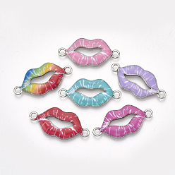 Colorful Printed Alloy Links connectors, with Enamel, Lip, Platinum, Mixed Color, 12.5x26.5x2mm, Hole: 2mm
