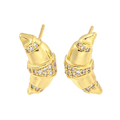 Real 18K Gold Plated Rack Plating Brass Micro Pave Cubic Zirconia Stud Earring, Cadmium Free & Lead Free, Long-Lasting Plated, Moon with Streak, Clear, Real 18K Gold Plated, 18x9mm