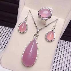 Pink 925 ожерелья, серьги и кольца из стерлингового серебра с микропаве из прозрачных кубических цирконий и натуральным халцедоном, платина, слеза, розовые, 400 мм