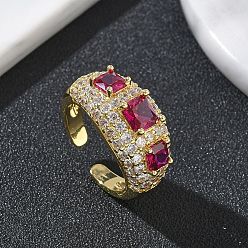 Темно-Розовый Латунные микропаве кубические цирконии манжеты открытые кольца для женщин, долговечный, стойки покрытие, реальный 18 k позолоченный, темно-розовыми, 12.5 мм, размер США 8 1/2 (18.5 мм)