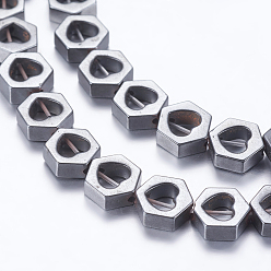 Non-magnetic Hematite Non-magnetic Synthetic Hematite Beads Strands, Hexagon with Heart, 7x6~6.5x2.5mm, Hole: 1mm, about 59pcs/strand, 15.55 inch(39.5cm)