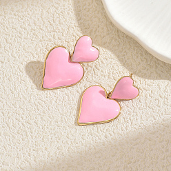 Pink Серьги-гвоздики в форме сердца из нержавеющей стали с эмалью, золотые, розовые, 35x21 мм