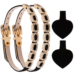 Black 1 Bag PU Imitation Leather Anti-Loose High-heeled Shoe Laces, Shoe Bands, with Reisn Rhinestone & Alloy Finding, Black, 290x14x7mm