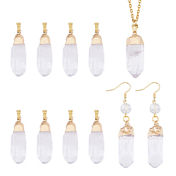 Золотой 8шт. подвески с двумя заостренными концами из натурального кварцевого кристалла, подвески с гранеными пулями, с латунной фурнитурой , золотые, 33.5~46.5x12~16x11.5~15 мм, отверстие : 7.5x4 мм