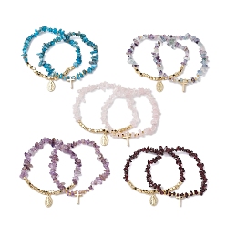 Смешанные камни 2Наборы эластичных браслетов из натуральных драгоценных камней и кубиков из немагнитного синтетического гематита с бисером, Наборные браслеты с подвесками в виде креста и Девы Марии для женщин, внутренний диаметр: 2-1/8 дюйм (5.4 см)