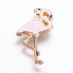 Light Gold Alloy Enamel Pendants, Flamingo Shape, Pink, Light Gold, 26x14x2.5mm, Hole: 1mm