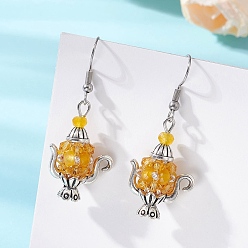 Желтый Серьги с подвесками из стеклянного бисера, чайник-оберег, с окрашенным натуральным малазийским нефритом и 304 крючками для сережек из нержавеющей стали, античное серебро, желтые, 46x19 мм