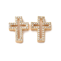 Настоящее золото 18K Латунные микропаве прозрачные кубические циркониевые подвески, без кадмия, без никеля и без свинца, крестик, полый, реальный 18 k позолоченный, 14x11x3.5 мм, отверстие : 2.5x1.4 мм