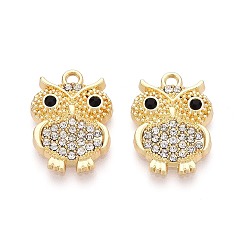 Золотой Подвески из сплава с покрытием стойки и стразами, сова, золотые, 19x14x3.5 мм, отверстие : 1.8 мм