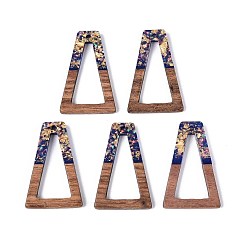 Темно-Синий Подвески из непрозрачной смолы и орехового дерева, трапециевидные подвески, с блестящей пудрой и золотой фольгой, темно-синий, 38x24.5x3 мм, отверстие : 2 мм