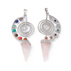 Cuarzo Rosa 7 chakras colgantes grandes de cuarzo rosa natural, encantos de cono facetado, con fornituras de latón de tono platino, 69x30x13 mm, agujero: 5 mm