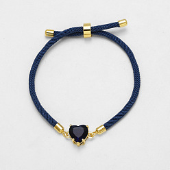 Морской Синий Регулируемые браслеты из хлопкового шнура с ползунком, Браслеты из латуни в форме сердца, инкрустированные кубическим цирконием, для женщин., золотые, Marine Blue, 7.87 дюйм (20 см)