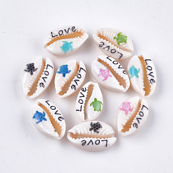 Mixed Color Printed Cowrie Shell Beads, No Hole/Undrilled, Sea Turtle & Love, Mixed Color, 18~23x11~14x6.5~8mm