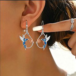 Dodger Blue Alloy Enamel Bird & Flower Dangle Earrings for Women, Platinum, Dodger Blue, 30mm