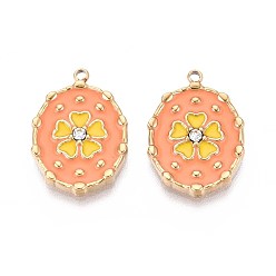 Легкий Лосось Ионное покрытие (ip) 304 подвески из нержавеющей стали со стразами, с эмалью, овальный и цветок, реальный 18 k позолоченный, светлый померанцевый, 21x14.5x2.5 мм, отверстие : 1.6 мм