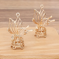 Light Gold Hollowe Alloy Chandelier Componement Links, Bird Cage Shape with Butterfly, Light Gold, 50x35mm