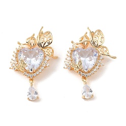 Настоящее золото 18K Подвески из латуни и прозрачного циркония, подвески в виде сердца и бабочки, реальный 18 k позолоченный, 35.5~37x23~24x9~9.5 мм, отверстие : 4.5x3 мм