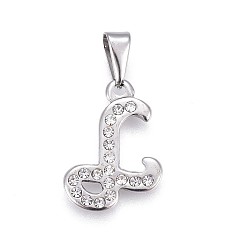 Letter L 304 Stainless Steel Pendants, with Rhinestone, Letter, Letter.L, 22x15.5x2mm, Hole: 3~3.5x7.5~8mm