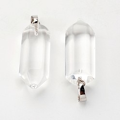 Прозрачный Латунь стекло кулоны, пуля, платина, остроконечный кулон, прозрачные, 33~36x12 мм, отверстие : 5x7 мм