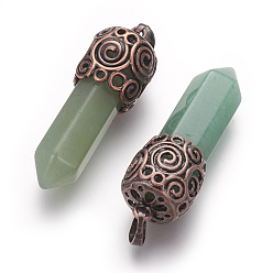 Зеленый Авантюрин Натуральный зеленый авантюрин отметил кулоны, с латунной фурнитурой , пуля, Красная медь, 42~46x15~16 мм, отверстие : 5x7 мм