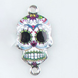 Colorful Cinco de Mayo Alloy Enamel Connector Charms, Sugar Skull Links, Platinum, Colorful, 26x14mm