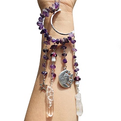 Аметист Обернутые проволокой кусочки натурального аметиста и металлические подвесные украшения в форме луны, Ловец солнца с грибами и стеклянной кисточкой для украшения оконного сада, 250 мм