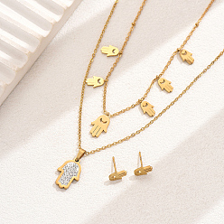 Настоящее золото 18K Элегантные винтажные серьги-гвоздики и двухслойные ожерелья из нержавеющей стали со стразами в форме хамсы для женщин, реальный 18 k позолоченный, ожерелья: 17.72 дюйм (45 см)