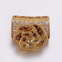 Настоящее золото 18K Латунные микро проложить кубического циркония бусы, бусины с большим отверстием, долговечный, трубка и цветок, прозрачные, реальный 18 k позолоченный, 14x8x11 мм, отверстие : 5x6 мм