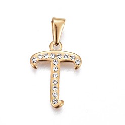 Letter T 304 Stainless Steel Pendants, with Rhinestone, Letter, Letter.T, 22x16x2mm, Hole: 3~3.5x7.5~8mm