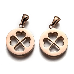 Rose Gold Ion Plating(IP) 304 Stainless Steel Pendants, Manual Polishing, Flat Round with Clover, Rose Gold, 21.5x18x3mm, Hole: 6x2.5mm