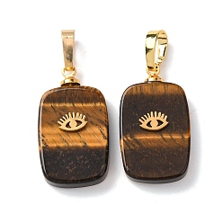 Тигровый глаз Природных тигровый глаз подвески, с латунной фурнитурой и 304 кабошонами из нержавеющей стали, золотые, прямоугольник с подвесками в виде глаз, 23~23.5x13~13.5x4~5 мм, отверстие : 7.5x4 мм