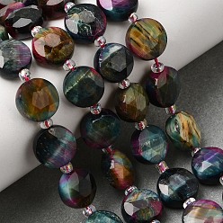 Colorido Teñidos naturales tigre perlas ojo hebras, cuentas de moneda con corte hexagonal facetado, con granos de la semilla, colorido, 10~10.5x6~6.5 mm, agujero: 1.2 mm, sobre 15 unidades / cadena, 7.28'' (18.5 cm) ~ 7.68'' (19.5 cm)