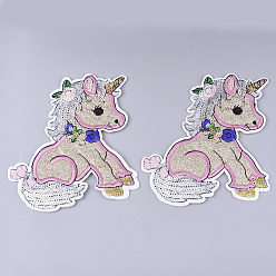 Antique White Computerized Embroidery Cloth Iron on/Sew on Patches, with Paillette/Sequins, Glitter, Appliques, Costume Accessories, Unicorn, Antique White, 135x120x1.5mm