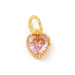 Pink Латунные микро проложить кубического циркония подвески, сердце прелести, стойки покрытие, долговечный, с целью перехода в кольце, розовые, 9x7x3.5 мм