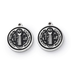 Черный 304 из нержавеющей стали шармы эмали, цвет нержавеющей стали, плоский круглый с рисунком святого, чёрные, 14.5x13x1.5 мм, отверстие : 1 мм
