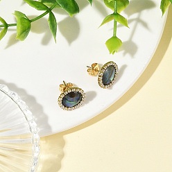 Golden Paua Shell & Brass Stud Earrings for Women, Round, Iron Rhinestone Stud Earrings, Golden, 13.5mm