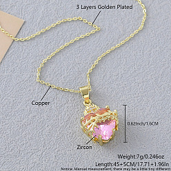 Золотой Ожерелья с подвеской в виде сердца из латуни с микропаве из прозрачных кубических цирконий и розовой смолы для женщин, золотые, 17.72 дюйм (45 см)