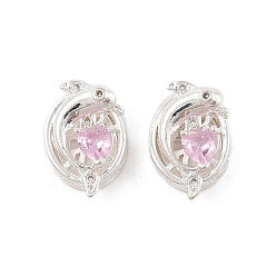 Бледно-Розовый Стойки обшивки латунь микро проложить кубического циркония бусы, долговечный, без свинца и без кадмия, серебряные, дельфин с сердцем, розовый жемчуг, 14x9~9.5x5.5 мм, отверстие : 1.6 мм