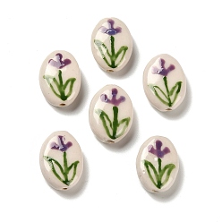 Oval Фарфоровые бусины ручной работы с цветочным принтом, фиолетовые, овальные, 19.5~20x14.5~15x6~6.5 мм, отверстие : 1.8 мм