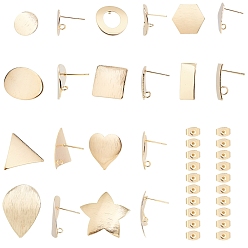 Real 18K Gold Plated Brass Stud Earring Findings, with Loop and Brass Ear Nuts, Mixed Shapes, Real 18K Gold Plated, 40pcs/box