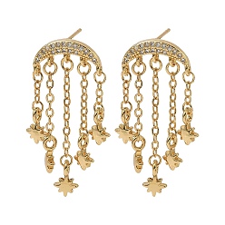 Прозрачный Двойной рог из кубического циркония со звездой серьги-люстры, серьги-подвески с кисточками из настоящей позолоченной латуни 18k для женщин, без кадмия и без свинца, прозрачные, 38x16 мм, штифты : 0.7 мм