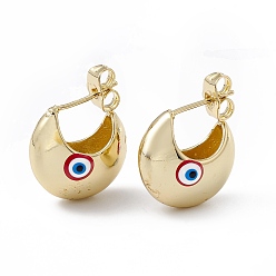 FireBrick Enamel Crescent Moon with Evil Eye Stud Earrings, Real 18K Gold Plated Brass Half Hoop Earrings for Women, FireBrick, 16.5x18mm, Pin: 1mm