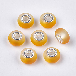 (932FM) Темно-синий аква-матовый с подкладкой Cmолы европейские шарики, бусины с большим отверстием, с латунными сердечниками с серебряным покрытием, прорезиненный стиль, рондель, темно-золотистые, 14x8 мм, отверстие : 5 мм