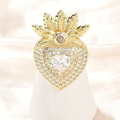 Настоящее золото 18K Латунные кольца из манжеты с прозрачным цирконием, без кадмия и без свинца, сердце, реальный 18 k позолоченный, 31.5x22.5 мм