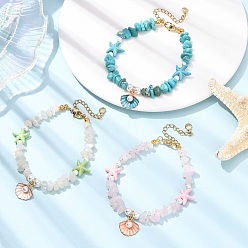 Mixed Stone 3Pcs Natural Moonstone & Rose Quartz & Synthetic Turquoise Chips & Shell Pearl Beads Bracelets Sets, Zinc Alloy Enamel Shell Charm Bracelets, 7-7/8 inch(20cm)